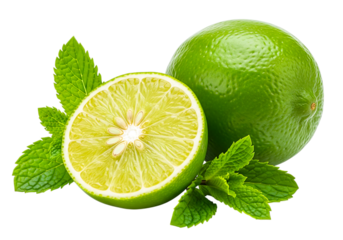 Fresh limes with mint leaves isolated on transparent background for a refreshing taste