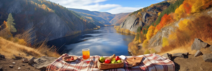 picnic in autumn among the mountains and the sea
