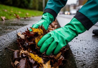 Person Wearing Green Gloves Cleaning Wet Autumn Leaves from Street Gutter