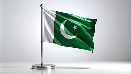 Waving Flag of Pakistan on Silver Pole with Crescent and Star