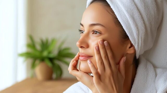 Young woman with towel on head softly massages face skin with gentle circular motion in warm daylight spa room expressing relaxation and skincare wellness