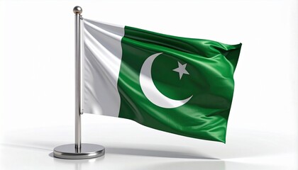 Waving Flag of Pakistan on Silver Pole with Crescent and Star