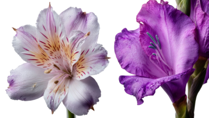 PNG of Delicate purple gladiolus and white alstroemeria flowers showcasing intricate details and vibrant colors.