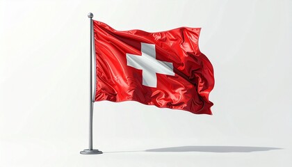 Waving Flag of Switzerland on Silver Pole with White Cross on Red Field