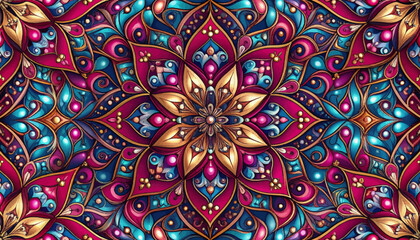 Seamless pattern of colorful floral mandalas