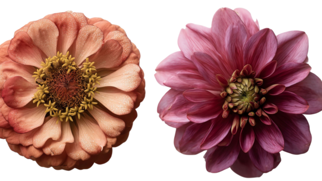 PNG of Two vibrant flowers in soft pink and peach hues, showcasing intricate petals and delicate textures.