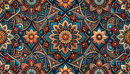 Seamless pattern of ornate teal and gold mandalas