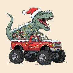 T-Rex dinosaur in a santa hat on a monster truck with festive lights and snow © XpertDesigner