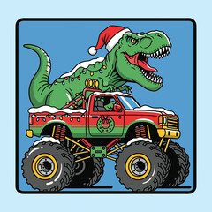 T-Rex dinosaur in a santa hat on a monster truck with festive decor and snow