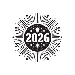 2026 New Year Black and White Fireworks Vector with Bold Typography