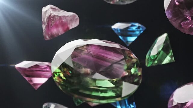 Floating weightlessly, a collection of various colored tourmalines drifts apart.