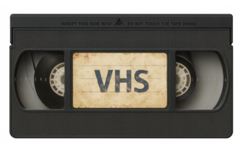 Vhs video cassette tape with vintage label for retro media and old film nostalgia on transparent background
