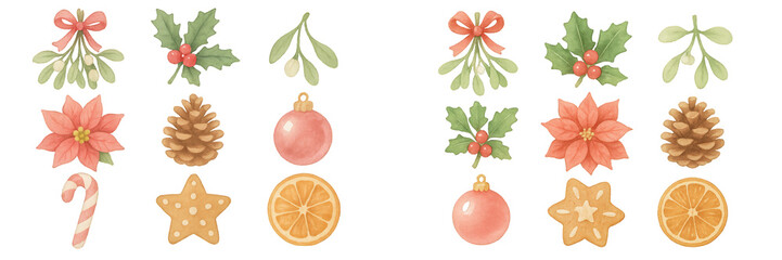 Colorful holiday decorations featuring mistletoe, poinsettias, ornaments, and festive treats suitable for winter celebrations