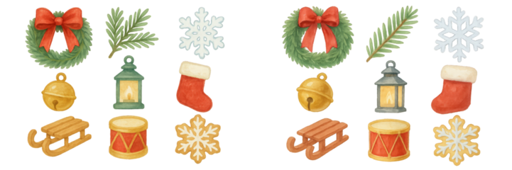Festive winter decorations featuring wreaths, lanterns, and snowy elements for seasonal celebration