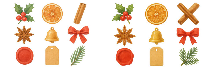 Colorful collection of festive holiday decorations including fruits, spices, and bows for seasonal celebration