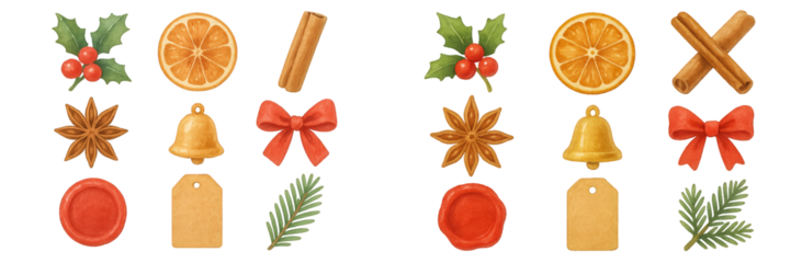 Colorful collection of festive holiday decorations including fruits, spices, and bows for seasonal celebration