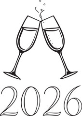Champagne Glasses and 2026 Typography Minimal Black Vector Greeting