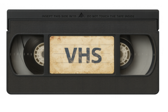 Vhs video cassette tape with vintage label for retro media and old film nostalgia on transparent background