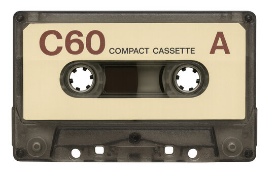 Retro compact cassette c60, side a, for audio recording and playback. Outdated music technology on transparent background