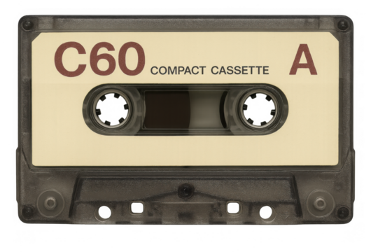 Retro compact cassette c60, side a, for audio recording and playback. Outdated music technology on transparent background