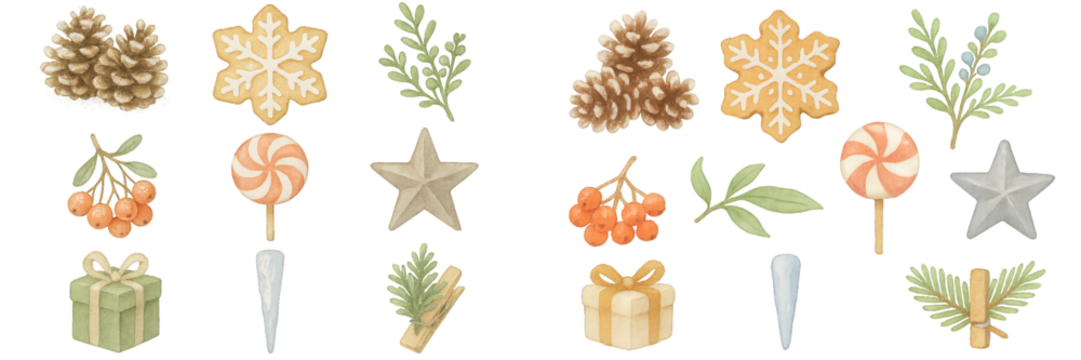 Festive collection of winter treats and decorations featuring cookies, candies, and pine cones in a holiday theme