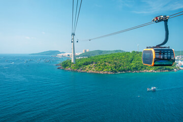 Aerial view of cable car gondola gliding over lush green island hills and turquoise sea. Longest Hon Thom cable car ride on Phu Quoc island, Vietnam. Modern tourism technology and eco transport © samael334