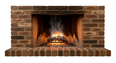 Realistic isolated steaming fireplace hearth on white and transparent background, PNG cozy home interior scene
