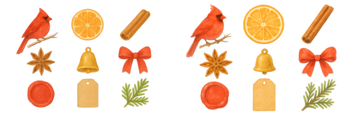 Colorful collection of festive items featuring cardinal, oranges, and holiday decorations
