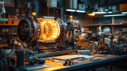 Prototipe mesin futuristik bersinar di lampu bengkel