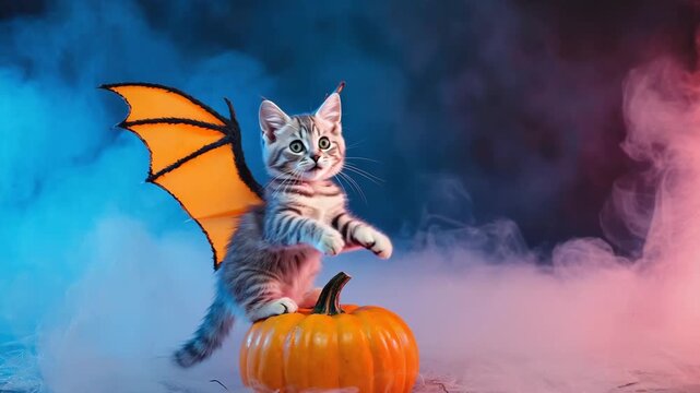 Cute kitten with dragon wings breathing magic smoke, fantasy animal illustration