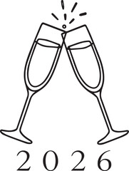 Champagne Glasses and 2026 Typography Minimal Black Vector Greeting