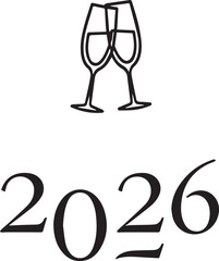 Champagne Glasses and 2026 Typography Minimal Black Vector Greeting