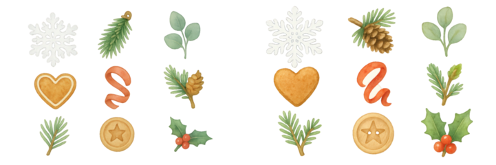 Colorful holiday decorations featuring cookies, snowflakes, and pine elements arranged in a festive layout