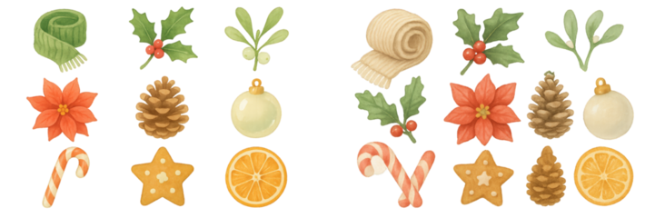 Festive holiday decorations featuring colorful ornaments, plants, and sweets for winter celebrations