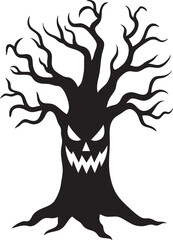 Spooky Halloween Black Silhouette Tree with Evil Angry Face Isolated on White Background