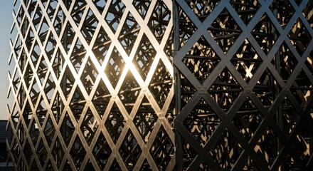 Architectural Metal Structure with Diamond Pattern and Sun Glimpse