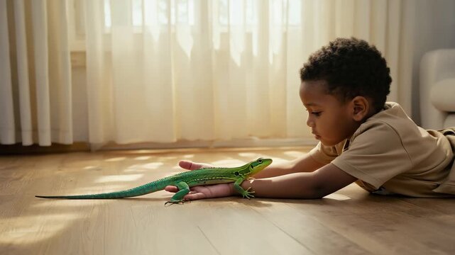 Little boy playing with her pet iguana in sunlight floor