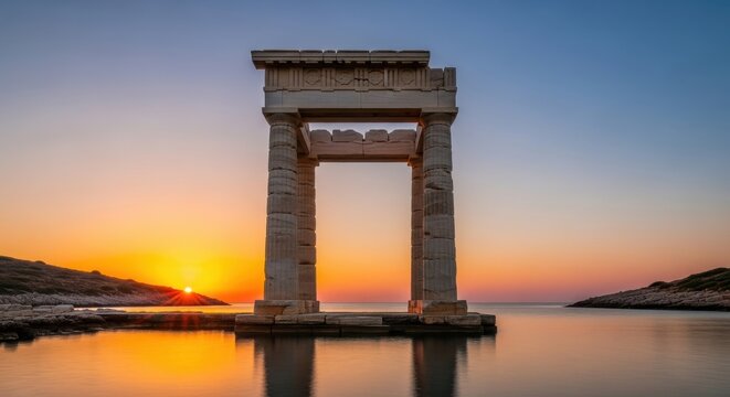 Stunning sunset illuminating ancient temple ruins on tranquil waters at Naxos Greece, a serene travel destination