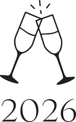 Champagne Glasses and 2026 Typography Minimal Black Vector Greeting