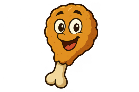 Smiling cartoon fried chicken drumstick mascot illustration, representing tasty fast food, delicious cuisine. Transparent background