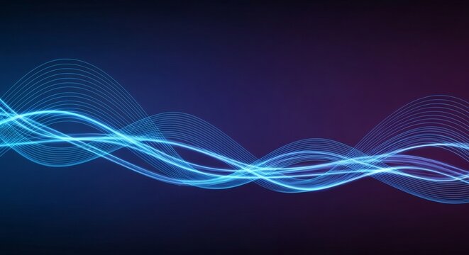 Dynamic Blue Glowing Waveforms Against Deep Purple Backdrop