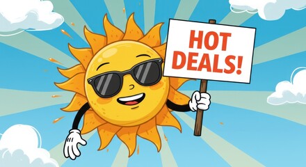 Cool Sun with Sunglasses Announces "Hot Deals" on Blue Sky Background