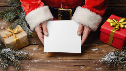 Transparent santa claus holding a blank white card with a festive christmas background, surrounded by gifts and pine branches, perfect for holiday greetings mockup 