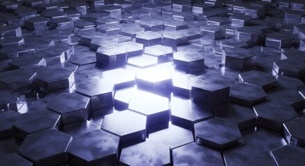 Fototapeta premium Futuristic Metallic Hexagon Grid With Glowing Center, High Tech Surface
