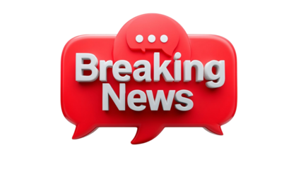 PNG of A bright red 'Breaking News' badge with speech bubbles, symbolizing urgent news updates and communication.