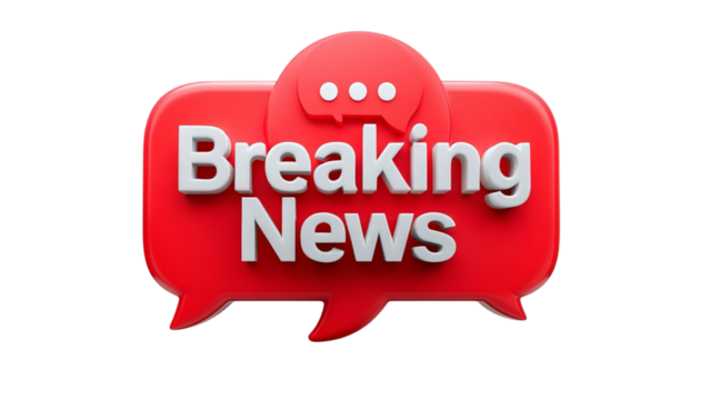 PNG of A bright red 'Breaking News' badge with speech bubbles, symbolizing urgent news updates and communication.