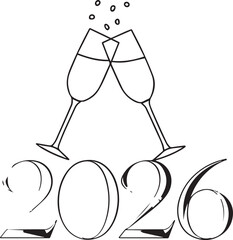Champagne Glasses and 2026 Typography Minimal Black Vector Greeting