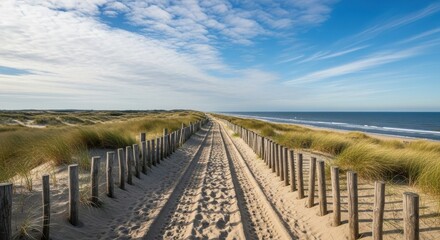 Stunning coastal path with soft sand and blue sky invites peaceful walks and serene beach adventures