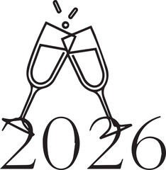 Champagne Glasses and 2026 Typography Minimal Black Vector Greeting