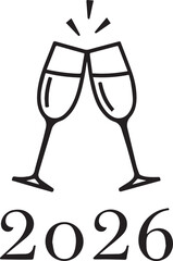 Champagne Glasses and 2026 Typography Minimal Black Vector Greeting